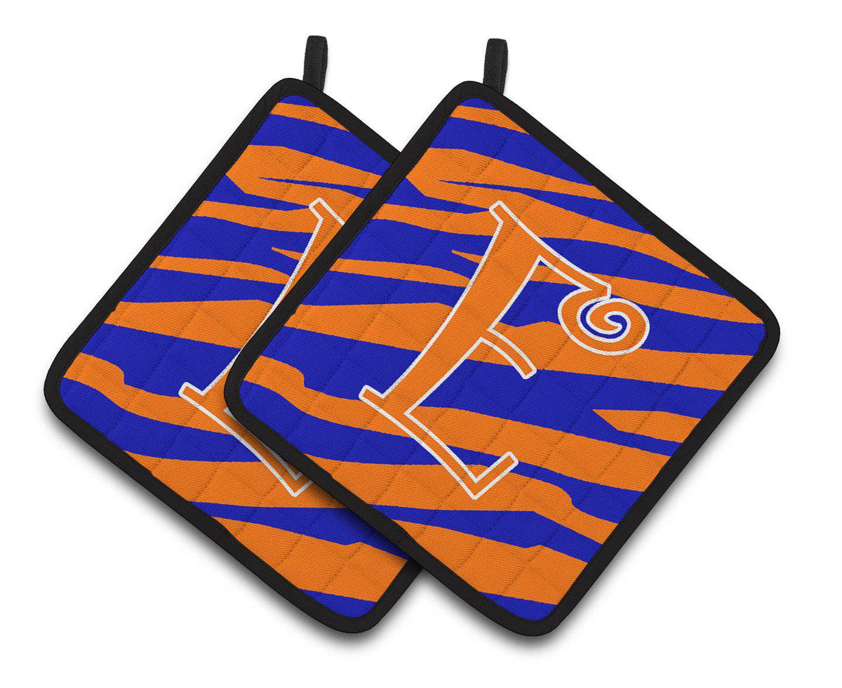 Monogram Initial E Tiger Stripe Blue and Orange Pair of Pot Holders CJ1036-EPTHD - the-store.com
