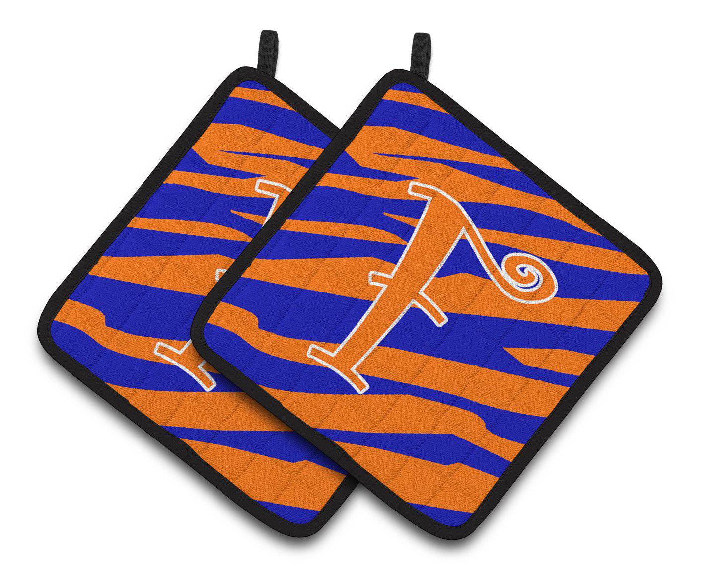 Monogram Initial F Tiger Stripe Blue and Orange Pair of Pot Holders CJ1036-FPTHD - the-store.com