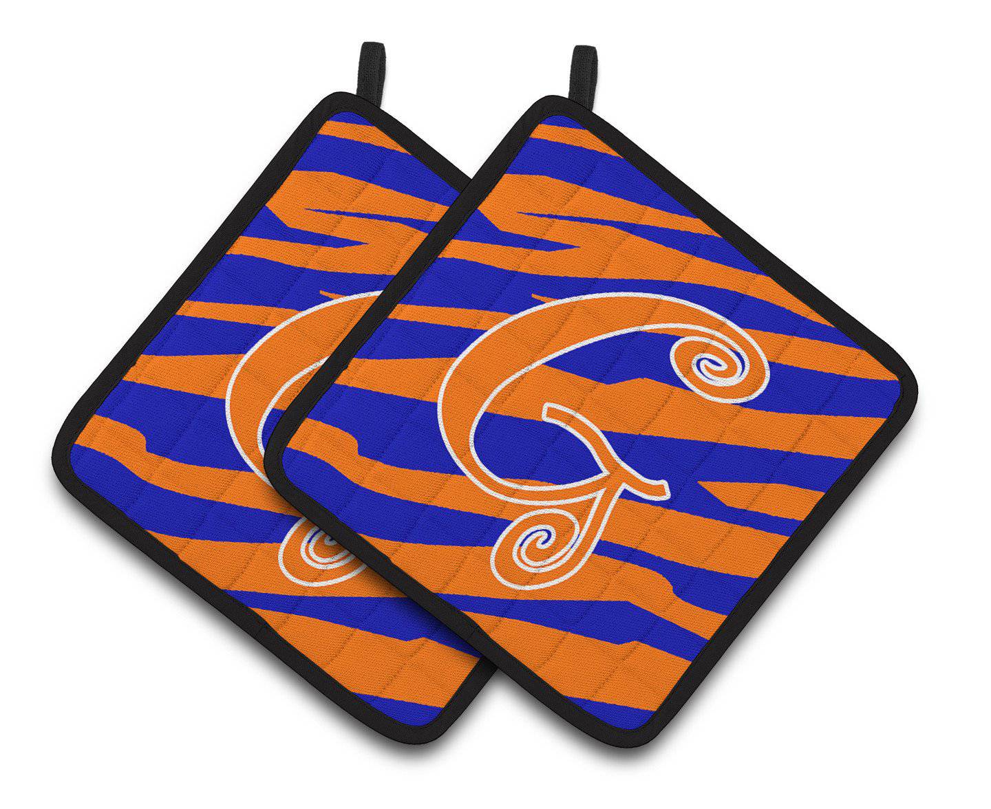 Monogram Initial G Tiger Stripe Blue and Orange Pair of Pot Holders CJ1036-GPTHD - the-store.com