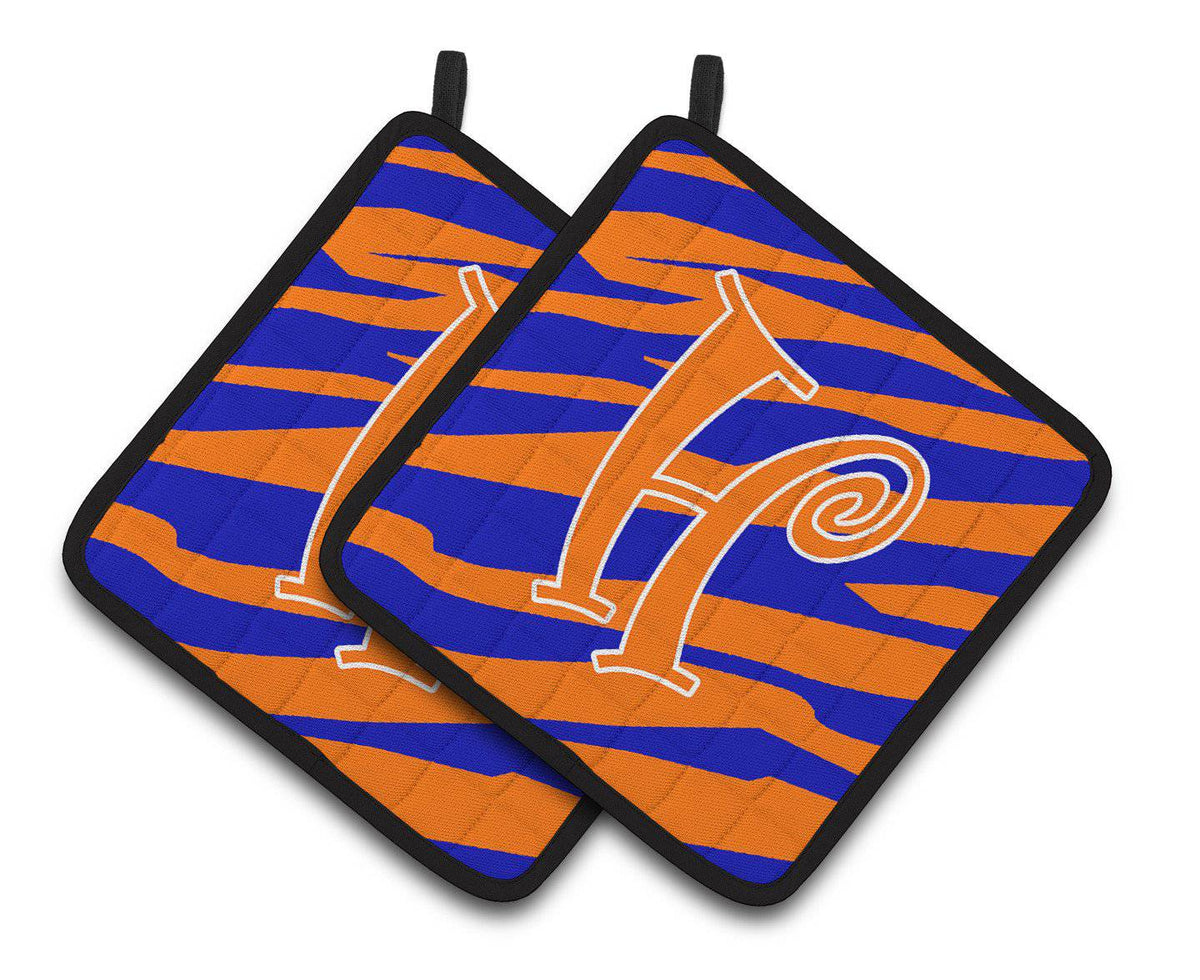 Monogram Initial H Tiger Stripe Blue and Orange Pair of Pot Holders CJ1036-HPTHD - the-store.com