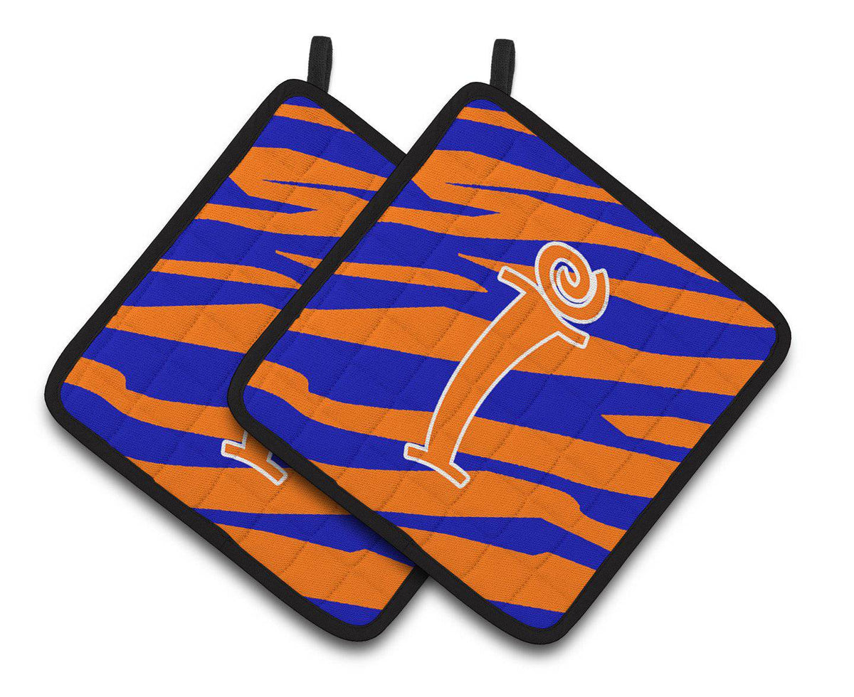 Monogram Initial I Tiger Stripe Blue and Orange Pair of Pot Holders CJ1036-IPTHD - the-store.com