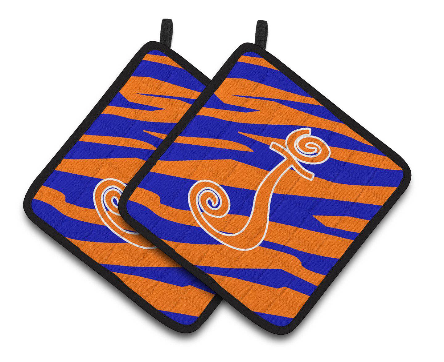 Monogram Initial J Tiger Stripe Blue and Orange Pair of Pot Holders CJ1036-JPTHD - the-store.com
