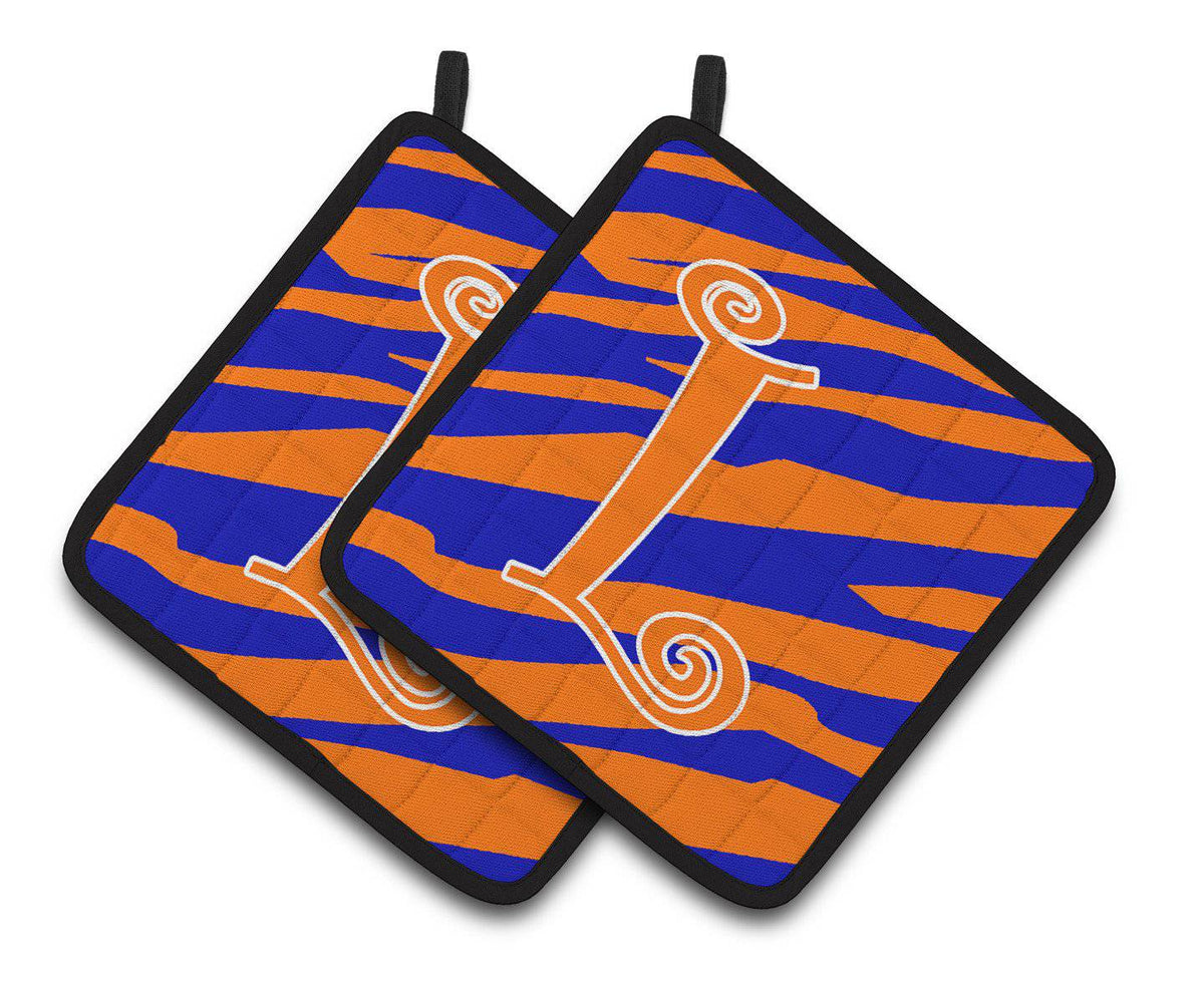 Monogram Initial L Tiger Stripe Blue and Orange Pair of Pot Holders CJ1036-LPTHD - the-store.com