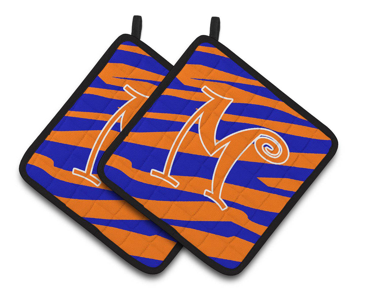 Monogram Initial M Tiger Stripe Blue and Orange Pair of Pot Holders CJ1036-MPTHD - the-store.com