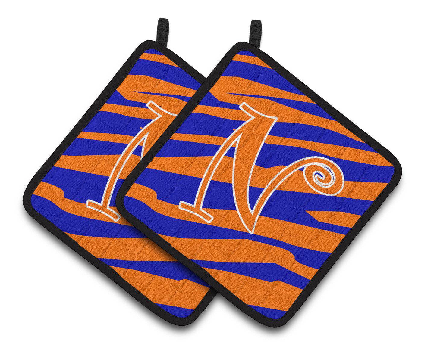 Monogram Initial N Tiger Stripe Blue and Orange Pair of Pot Holders CJ1036-NPTHD - the-store.com