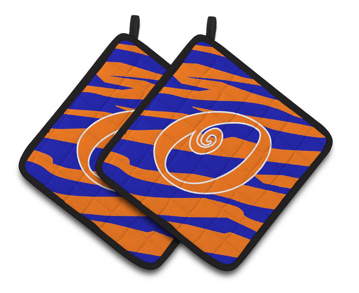 Monogram Initial O Tiger Stripe Blue and Orange Pair of Pot Holders CJ1036-OPTHD - the-store.com