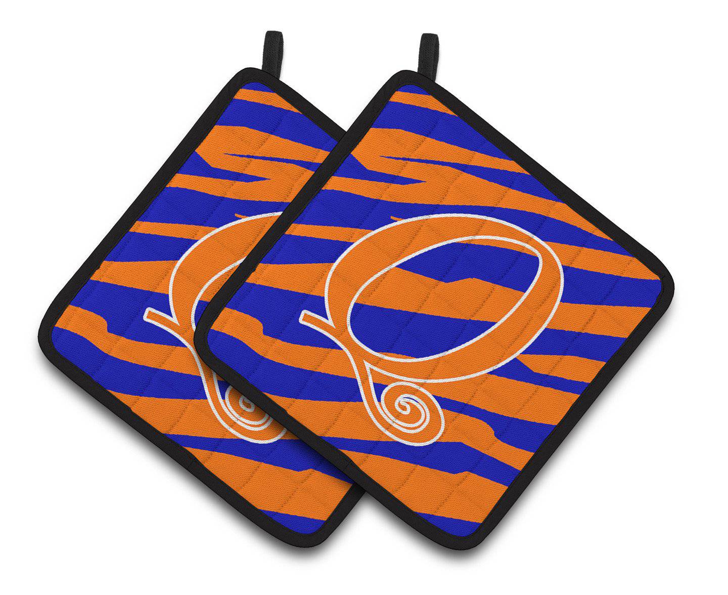 Monogram Initial Q Tiger Stripe Blue and Orange Pair of Pot Holders CJ1036-QPTHD - the-store.com