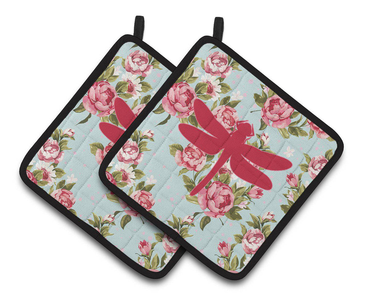 Dragonfly Shabby Chic Blue Roses   Pair of Pot Holders BB1062-RS-BU-PTHD - the-store.com