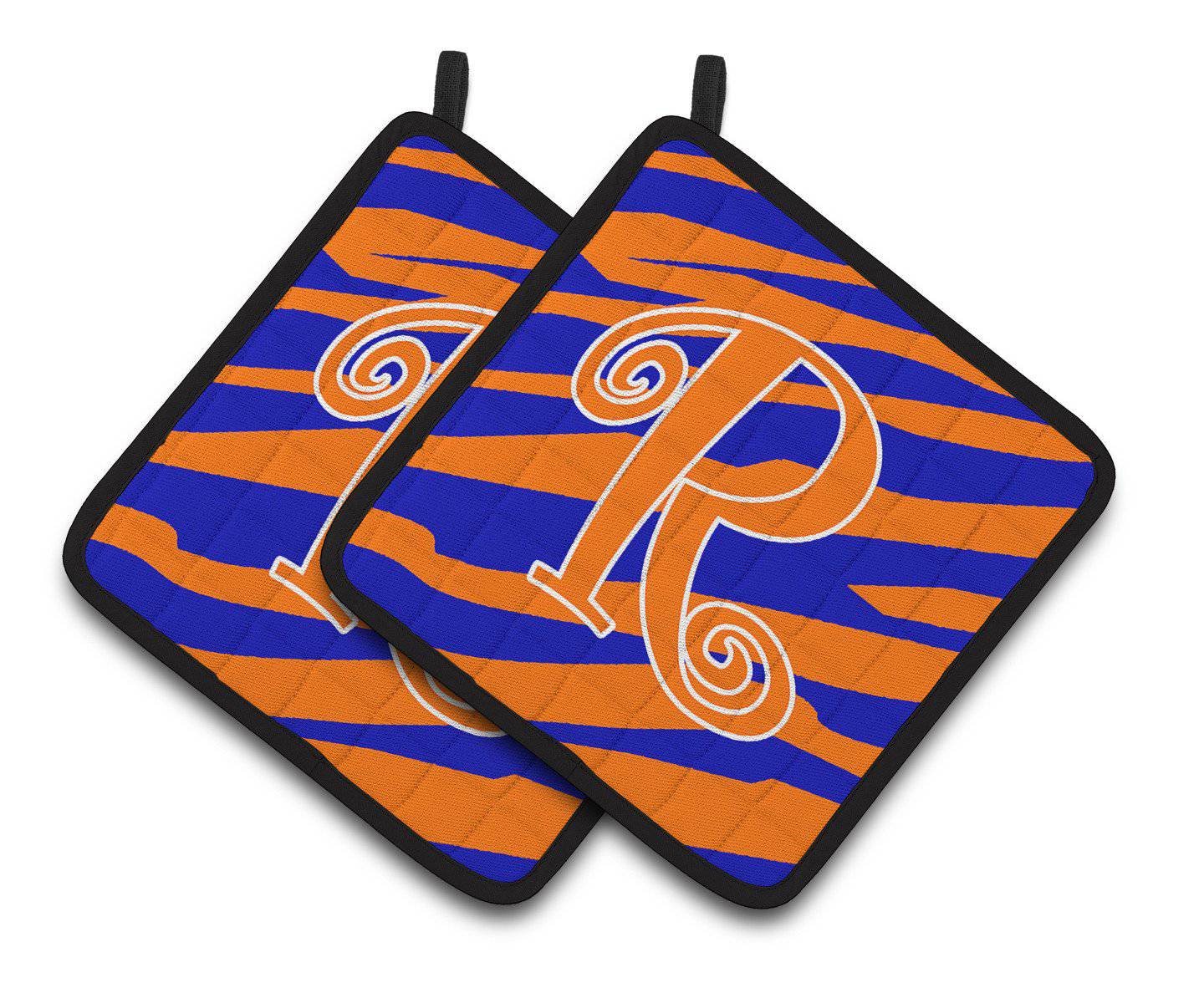 Monogram Initial R Tiger Stripe Blue and Orange Pair of Pot Holders CJ1036-RPTHD - the-store.com