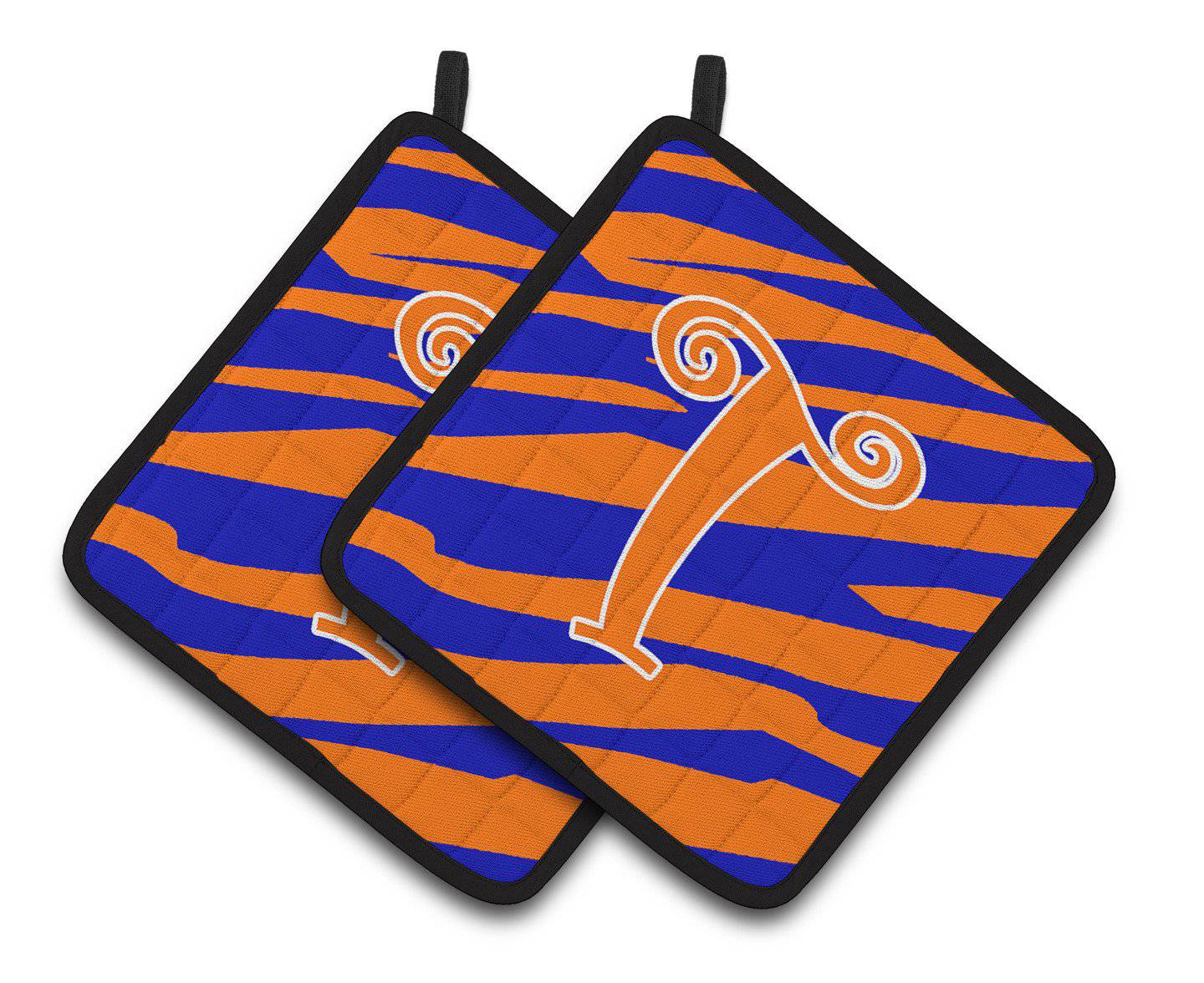 Monogram Initial T Tiger Stripe Blue and Orange Pair of Pot Holders CJ1036-TPTHD - the-store.com