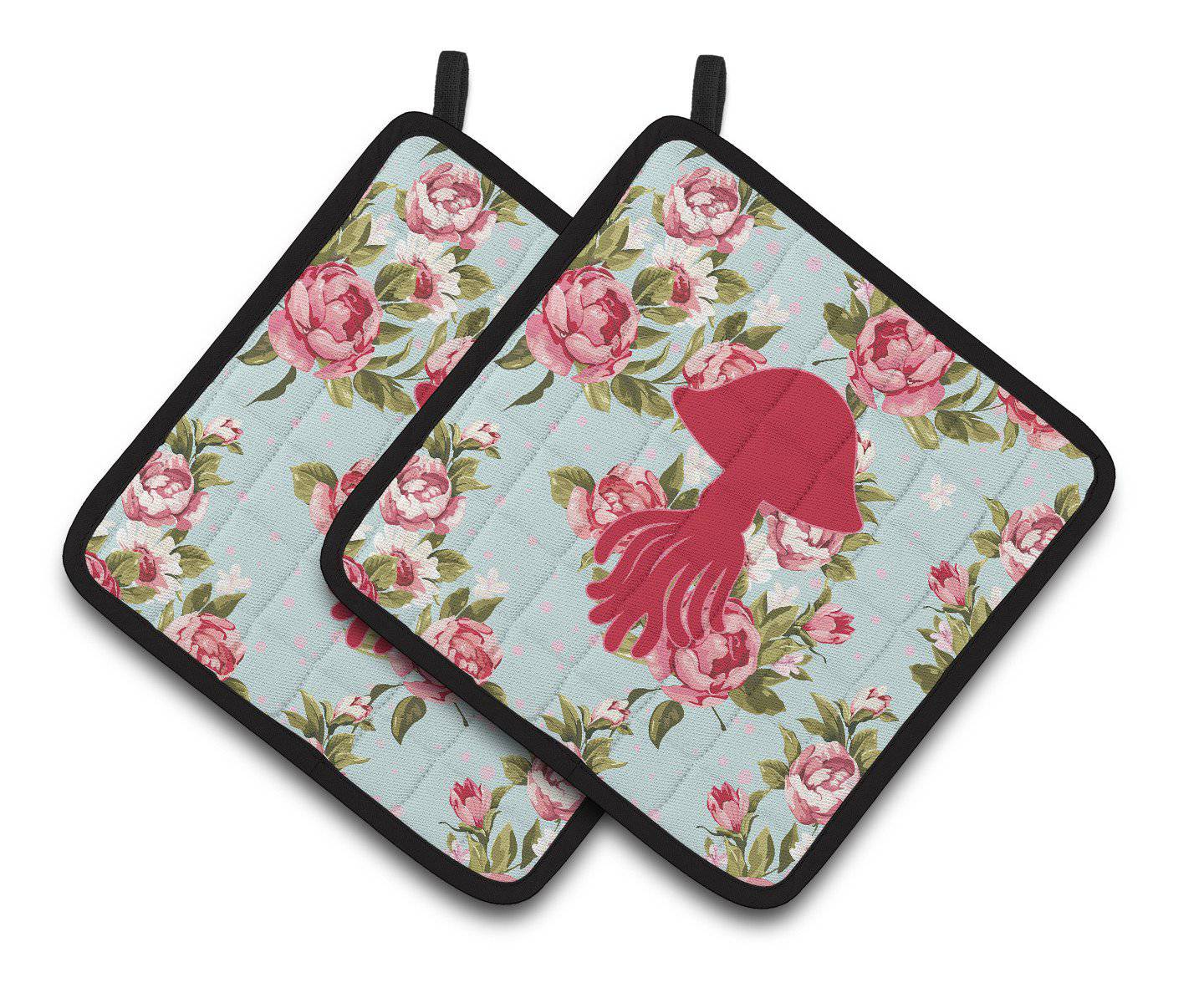 Jellyfish Shabby Chic Blue Roses   Pair of Pot Holders BB1089-RS-BU-PTHD - the-store.com