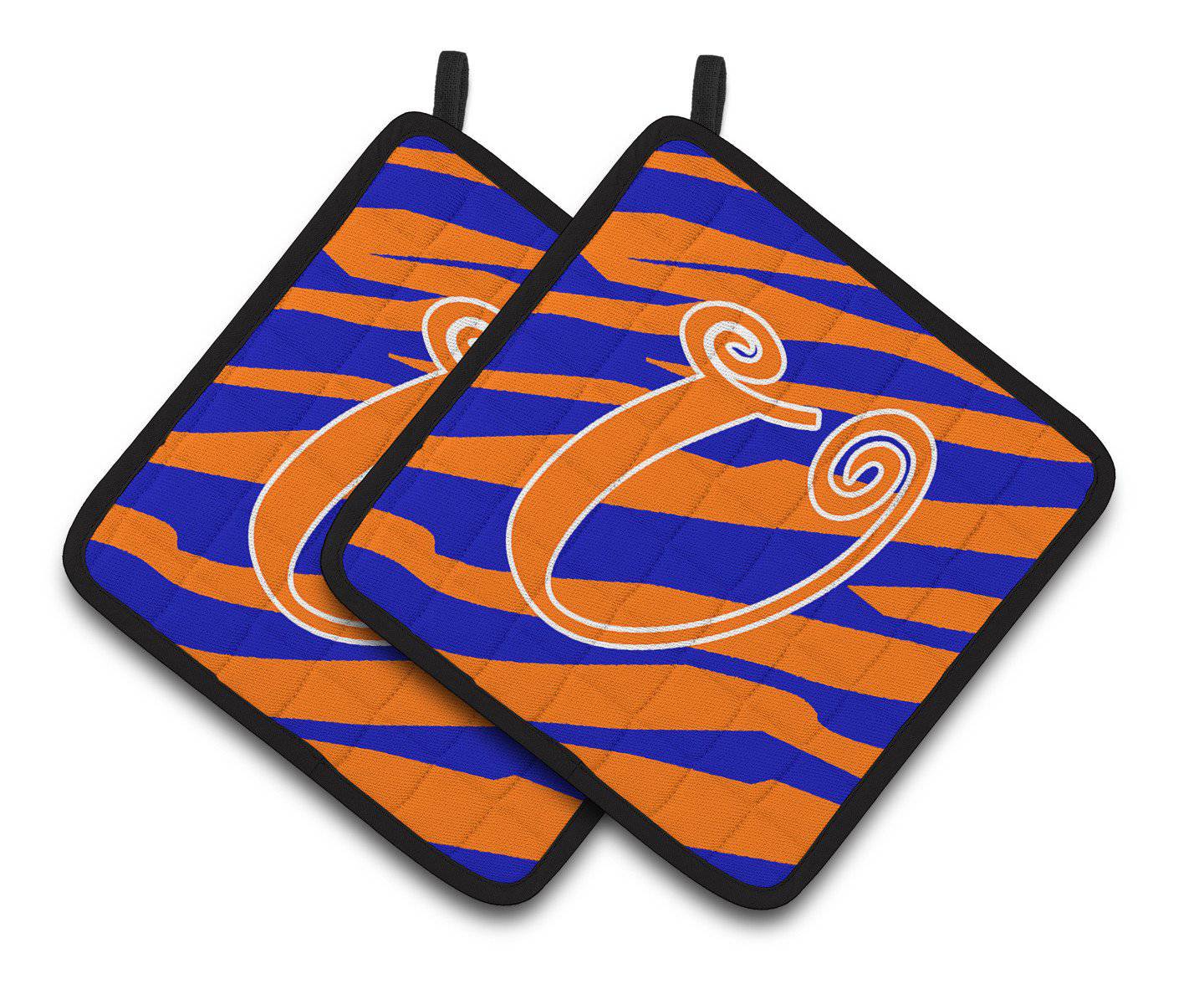 Monogram Initial U Tiger Stripe Blue and Orange Pair of Pot Holders CJ1036-UPTHD - the-store.com