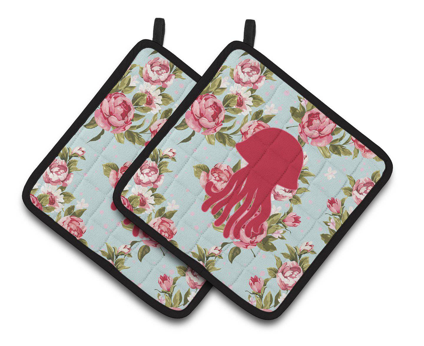 Jellyfish Shabby Chic Blue Roses   Pair of Pot Holders BB1091-RS-BU-PTHD - the-store.com