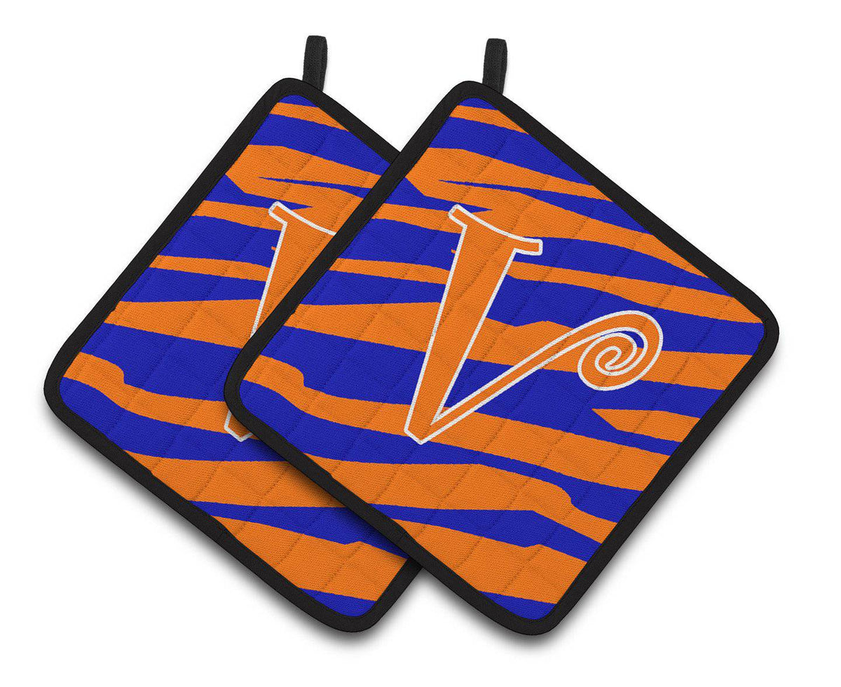 Monogram Initial V Tiger Stripe Blue and Orange Pair of Pot Holders CJ1036-VPTHD - the-store.com