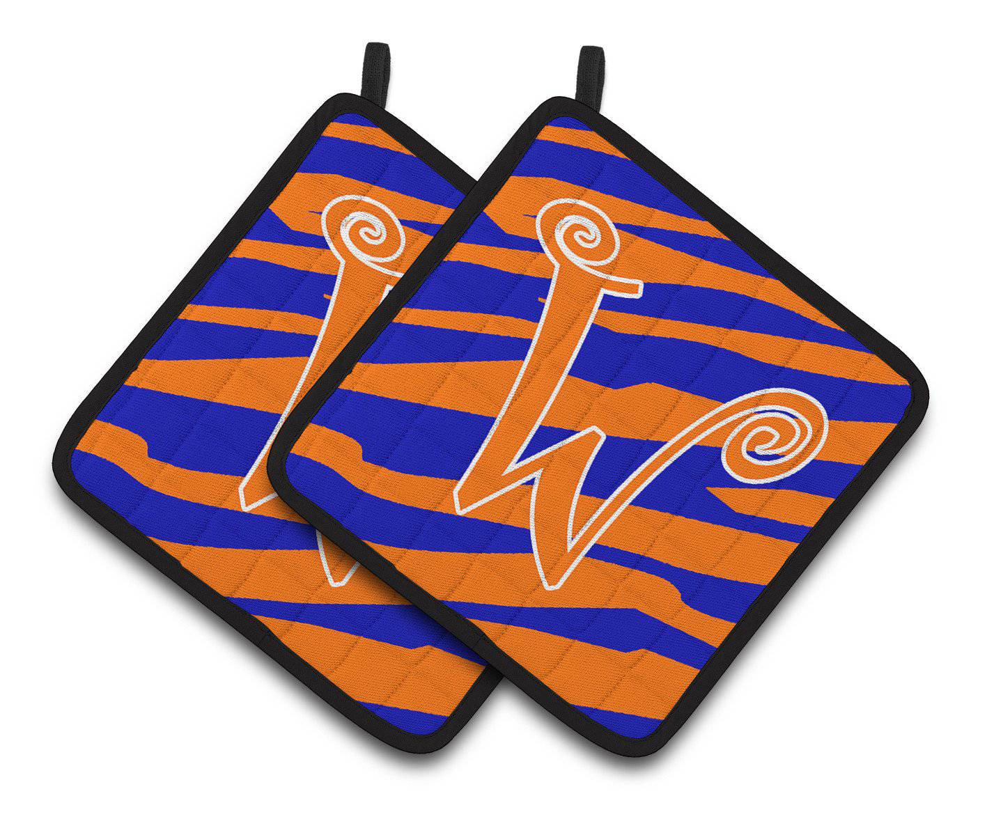 Monogram Initial W Tiger Stripe Blue and Orange Pair of Pot Holders CJ1036-WPTHD - the-store.com