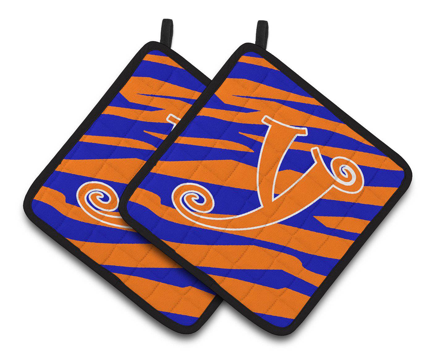 Monogram Initial Y Tiger Stripe Blue and Orange Pair of Pot Holders CJ1036-YPTHD - the-store.com