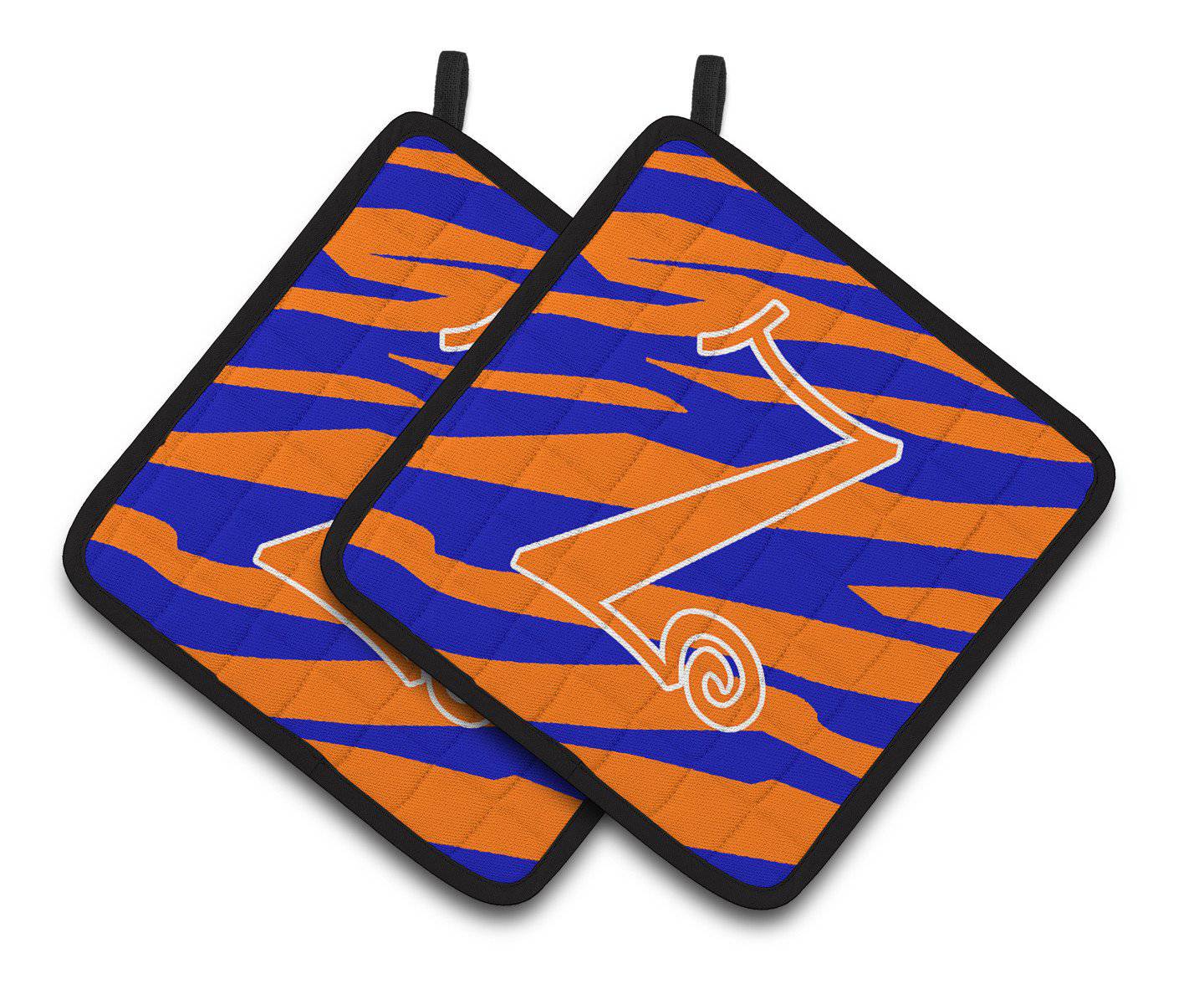 Monogram Initial Z Tiger Stripe Blue and Orange Pair of Pot Holders CJ1036-ZPTHD - the-store.com