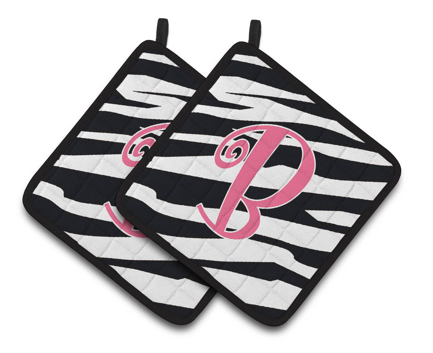 Monogram Initial B Zebra Stripe and Pink  Pair of Pot Holders CJ1037-BPTHD - the-store.com
