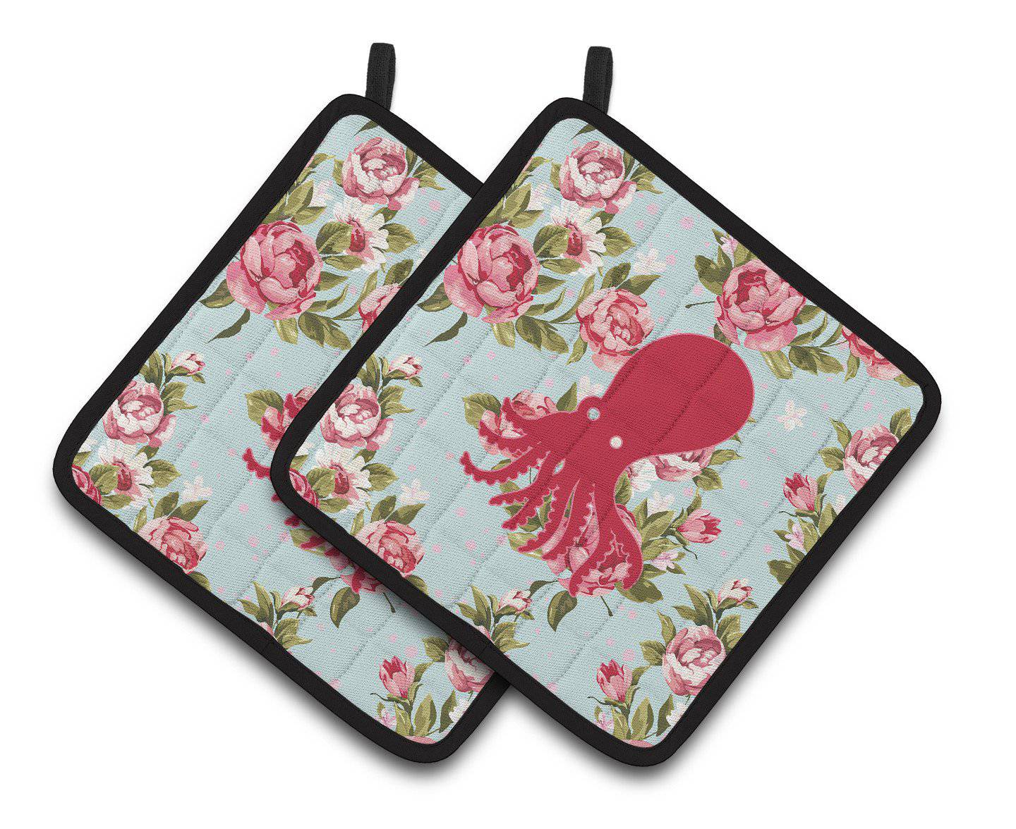 Octopus Shabby Chic Blue Roses   Pair of Pot Holders BB1098-RS-BU-PTHD - the-store.com