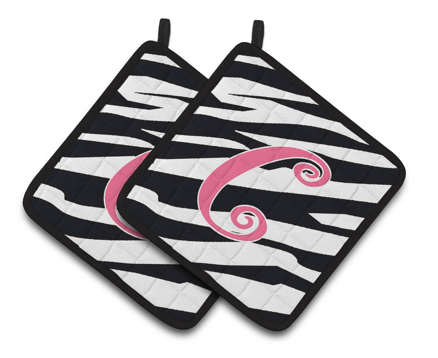 Monogram Initial C  Zebra Stripe and Pink Pair of Pot Holders CJ1037-CPTHD - the-store.com