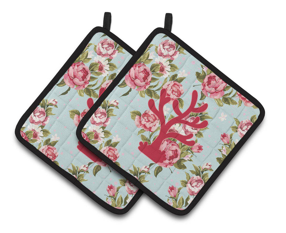 Coral Shabby Chic Blue Roses   Pair of Pot Holders BB1101-RS-BU-PTHD - the-store.com