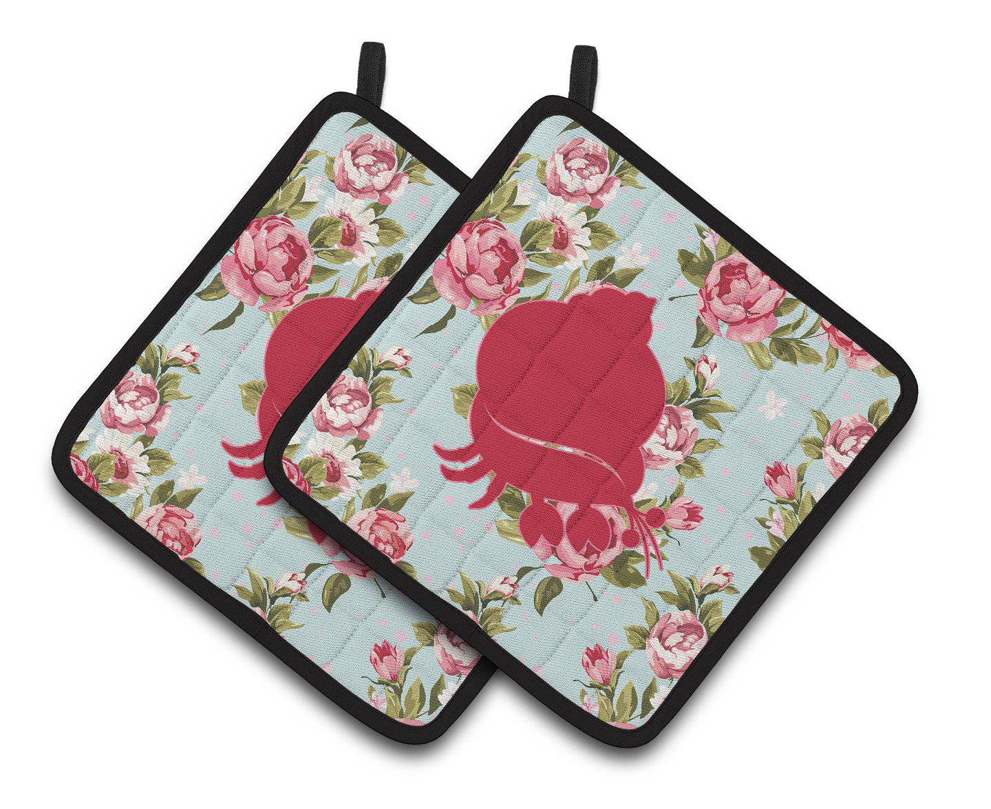 Hermit Crab Shabby Chic Blue Roses   Pair of Pot Holders BB1102-RS-BU-PTHD - the-store.com