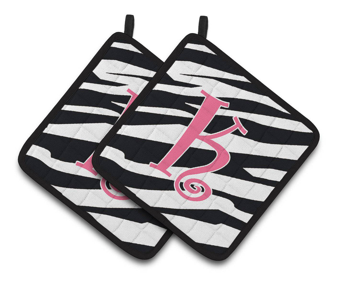 Monogram Initial K Zebra Stripe and Pink  Pair of Pot Holders CJ1037-KPTHD - the-store.com