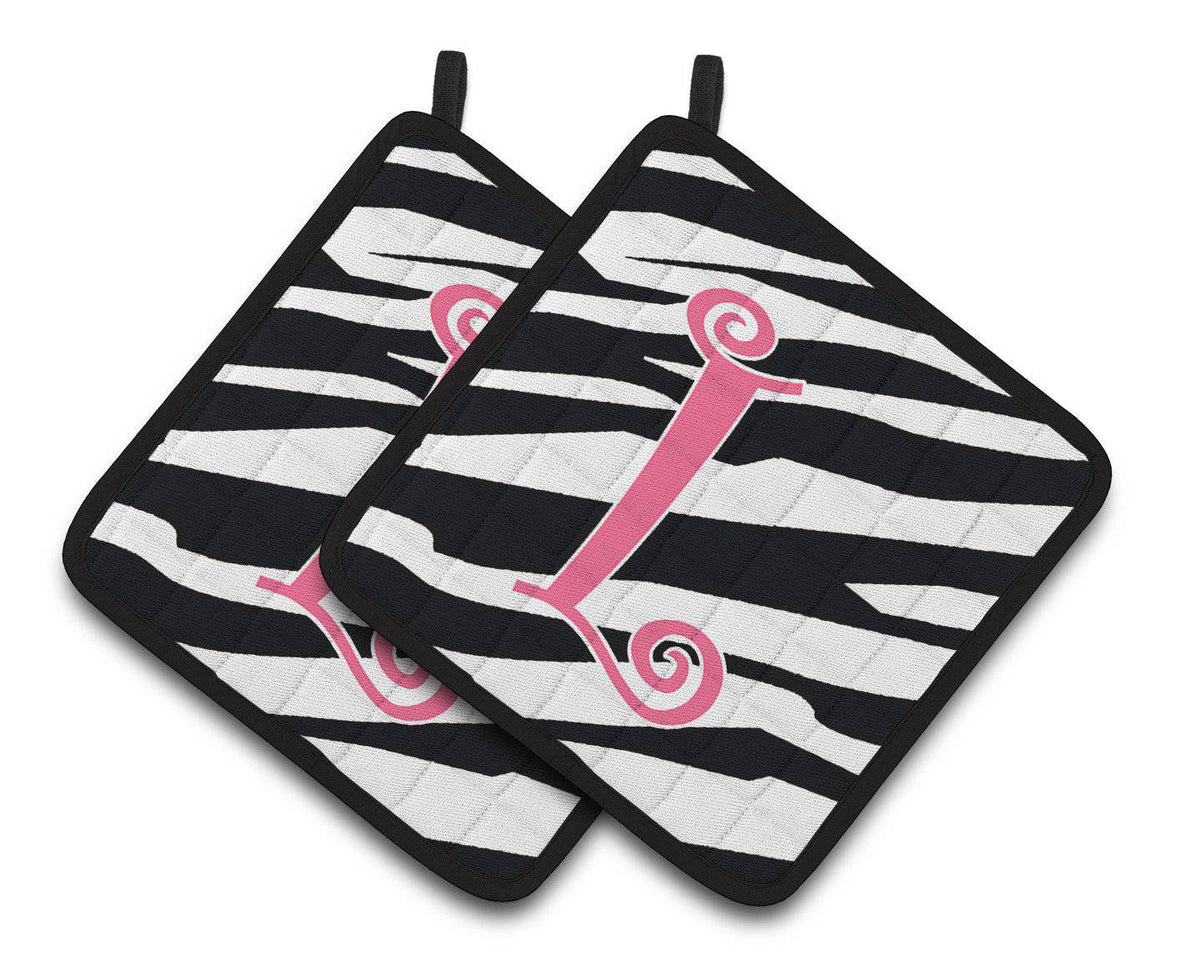 Monogram Initial L Zebra Stripe and Pink  Pair of Pot Holders CJ1037-LPTHD - the-store.com