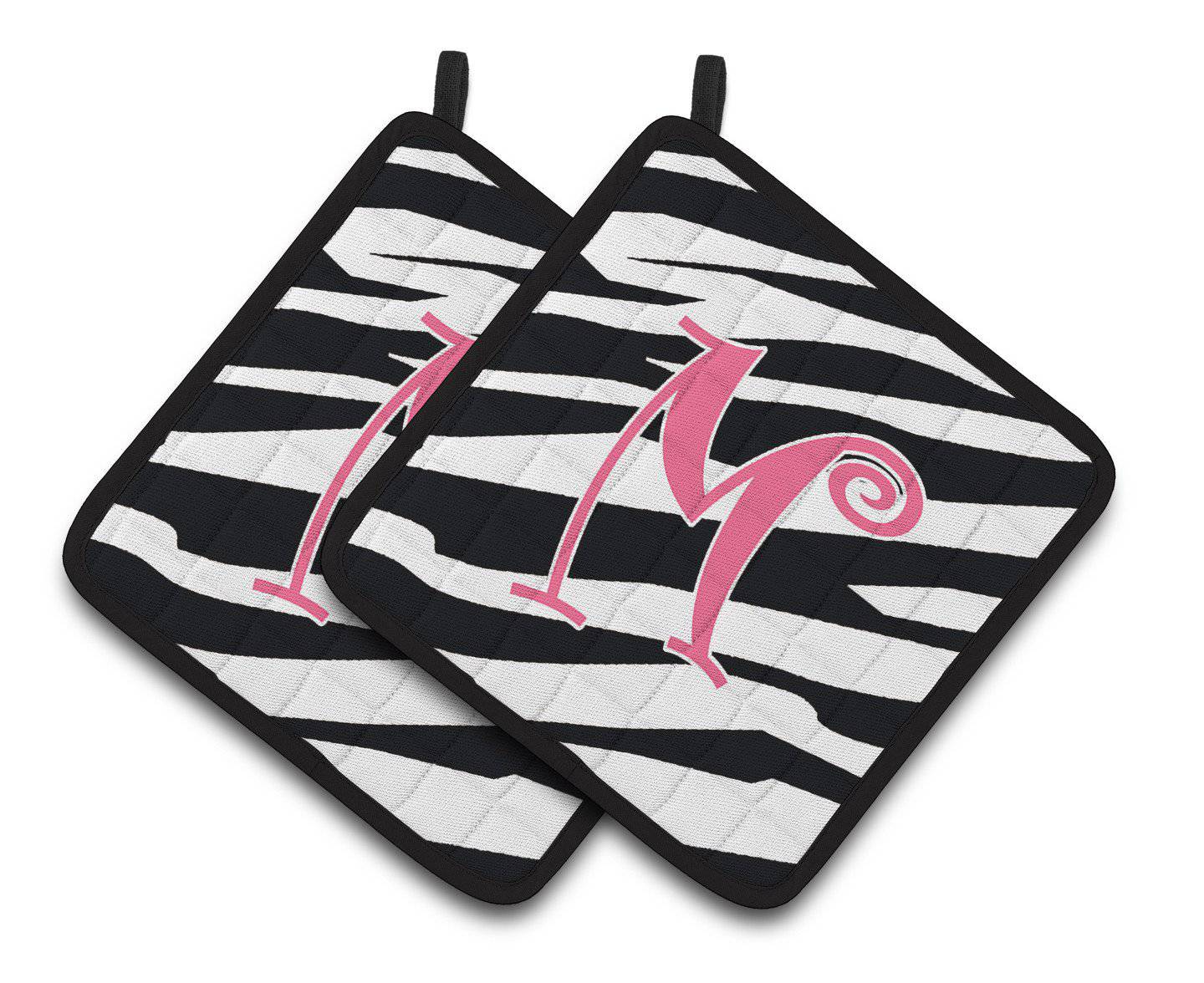 Monogram Initial M Zebra Stripe and Pink  Pair of Pot Holders CJ1037-MPTHD - the-store.com