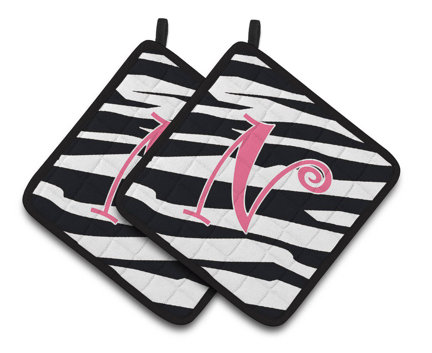 Monogram Initial N Zebra Stripe and Pink  Pair of Pot Holders CJ1037-NPTHD - the-store.com