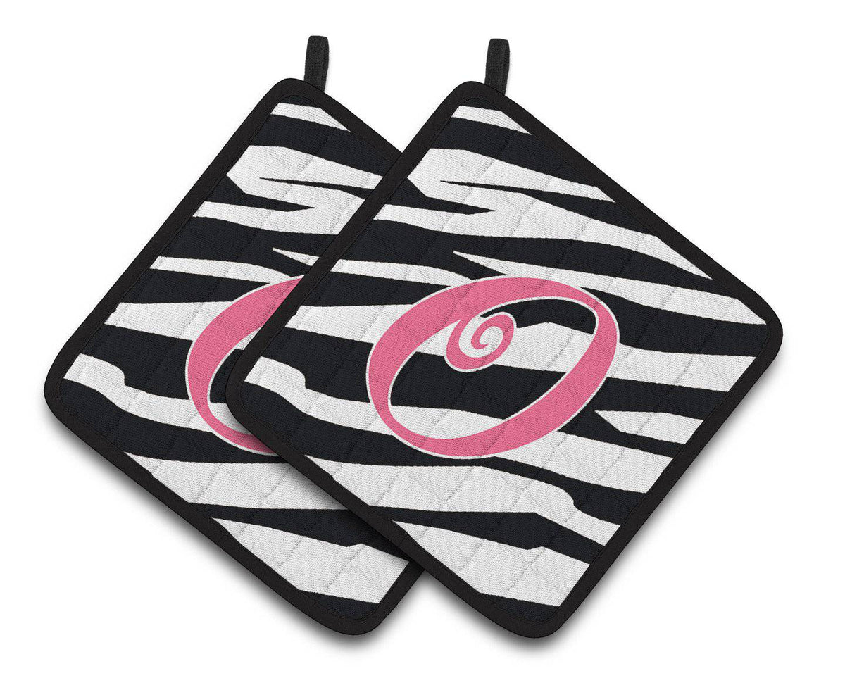 Monogram Initial O Zebra Stripe and Pink  Pair of Pot Holders CJ1037-OPTHD - the-store.com