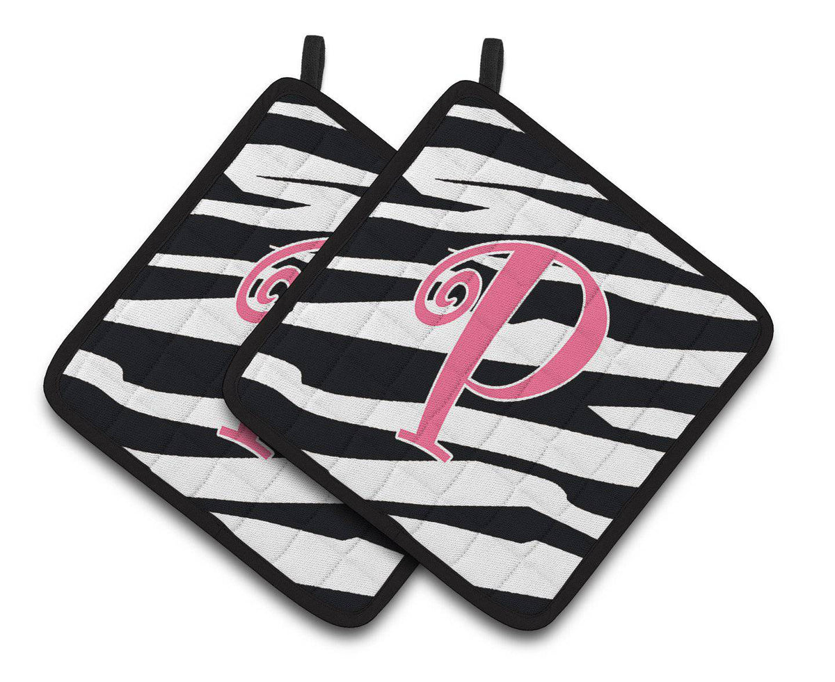 Monogram Initial P Zebra Stripe and Pink  Pair of Pot Holders CJ1037-PPTHD - the-store.com
