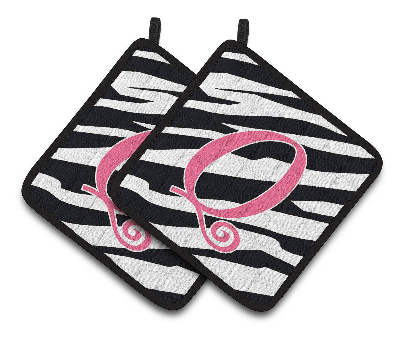 Monogram Initial Q Zebra Stripe and Pink  Pair of Pot Holders CJ1037-QPTHD - the-store.com