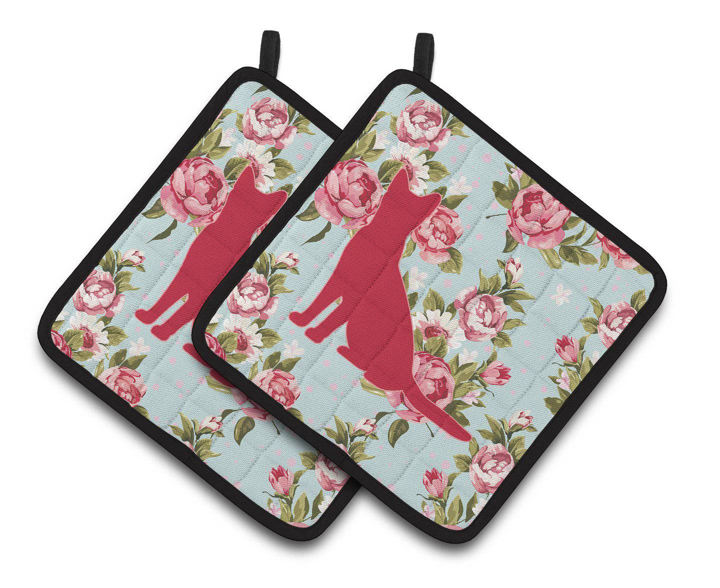 Cat Shabby Chic Blue Roses   Pair of Pot Holders BB1071-RS-BU-PTHD - the-store.com
