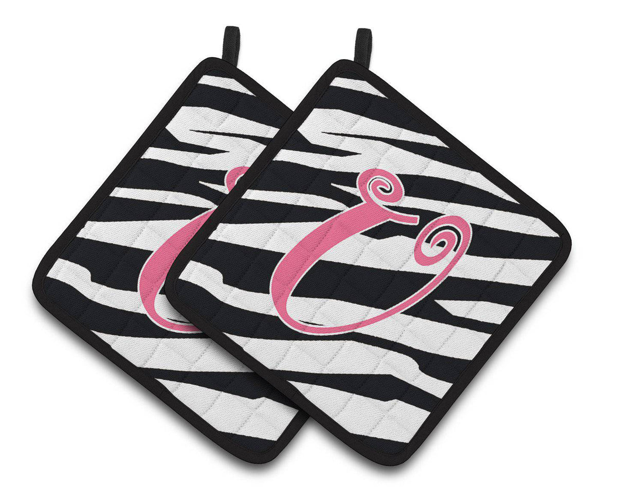 Monogram Initial U Zebra Stripe and Pink  Pair of Pot Holders CJ1037-UPTHD - the-store.com