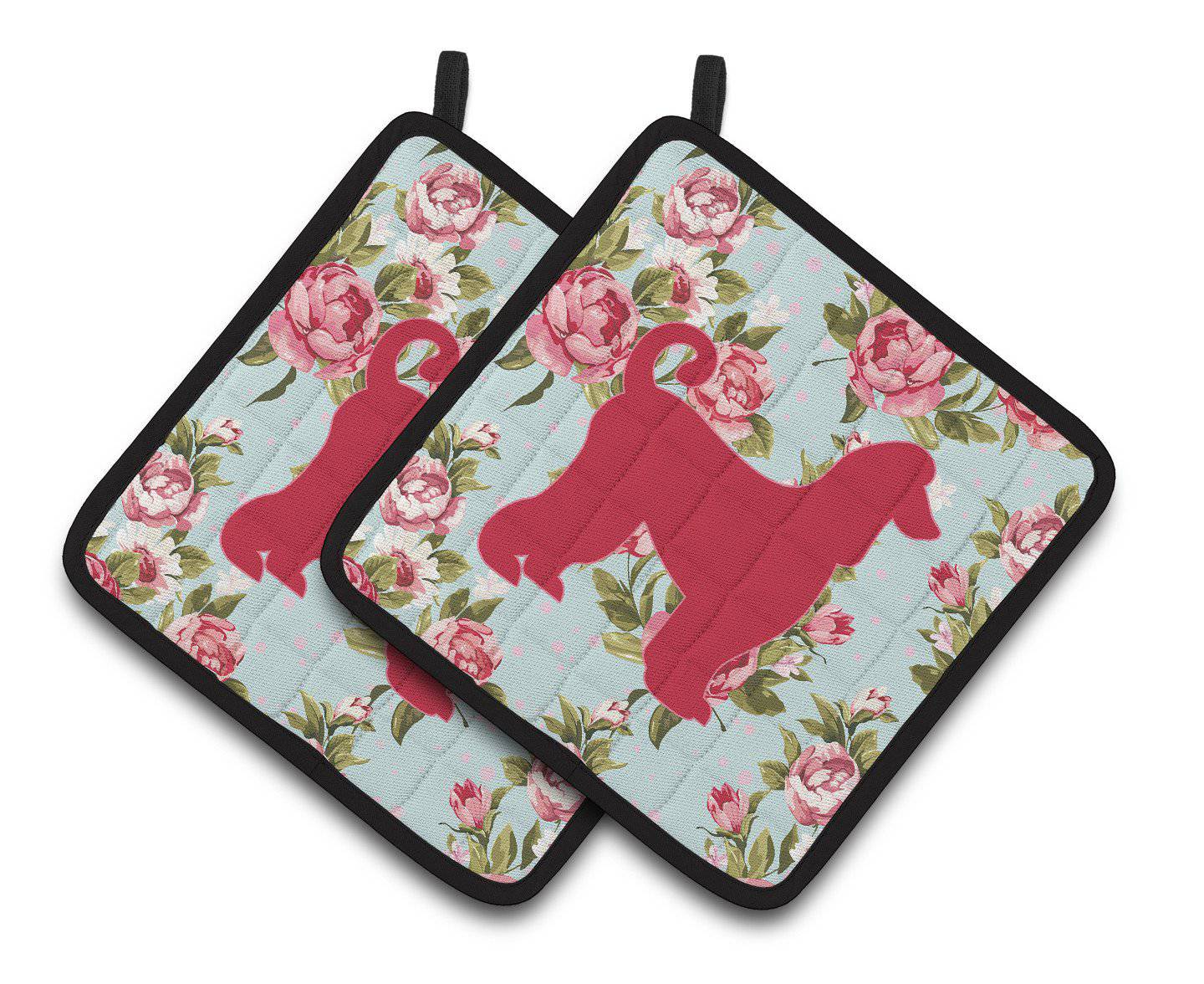 Afghan Hound Shabby Chic Blue Roses   Pair of Pot Holders BB1066-RS-BU-PTHD - the-store.com