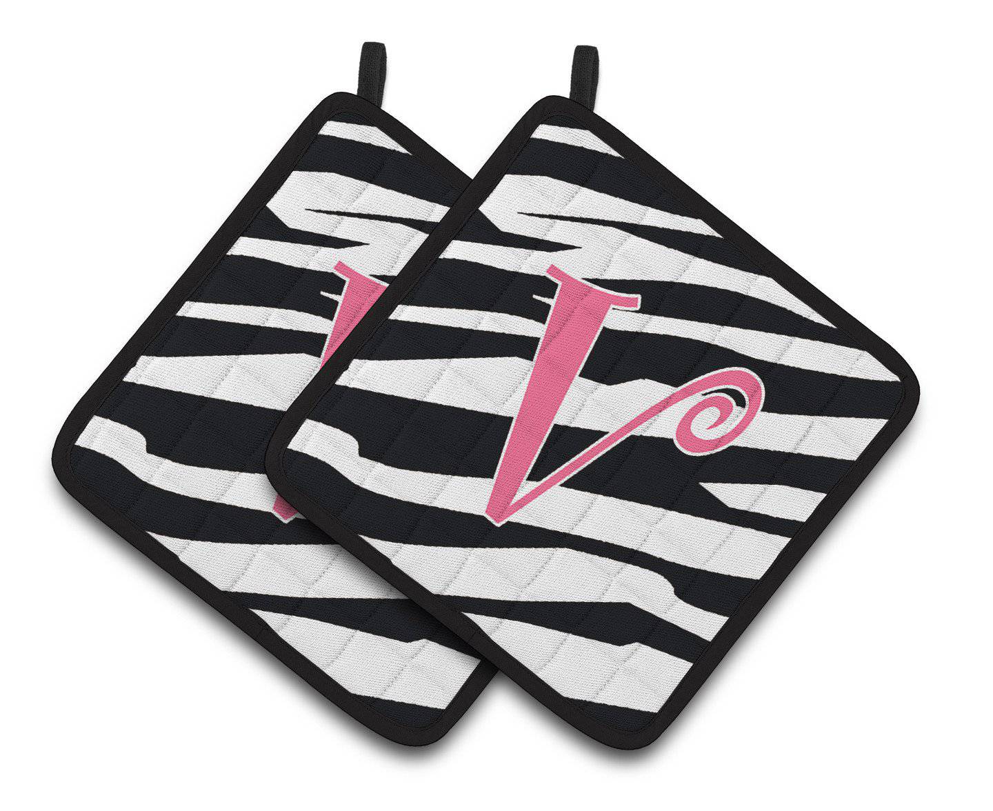 Monogram Initial V Zebra Stripe and Pink  Pair of Pot Holders CJ1037-VPTHD - the-store.com
