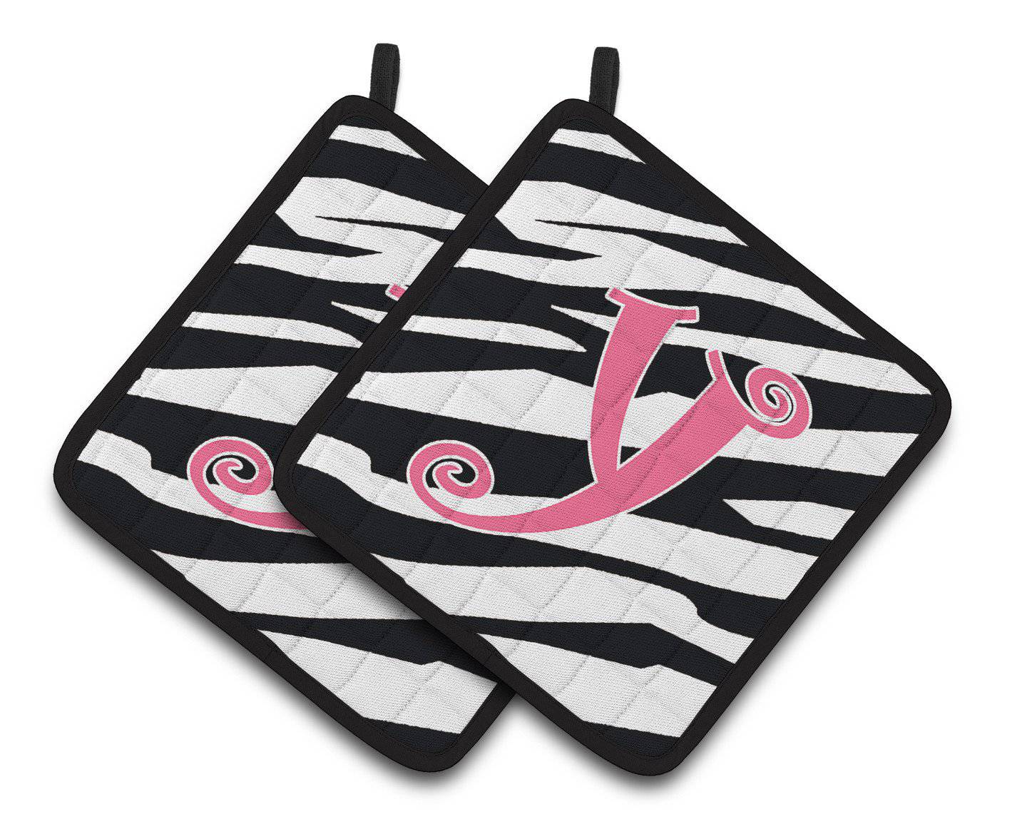 Monogram Initial Y Zebra Stripe and Pink  Pair of Pot Holders CJ1037-YPTHD - the-store.com