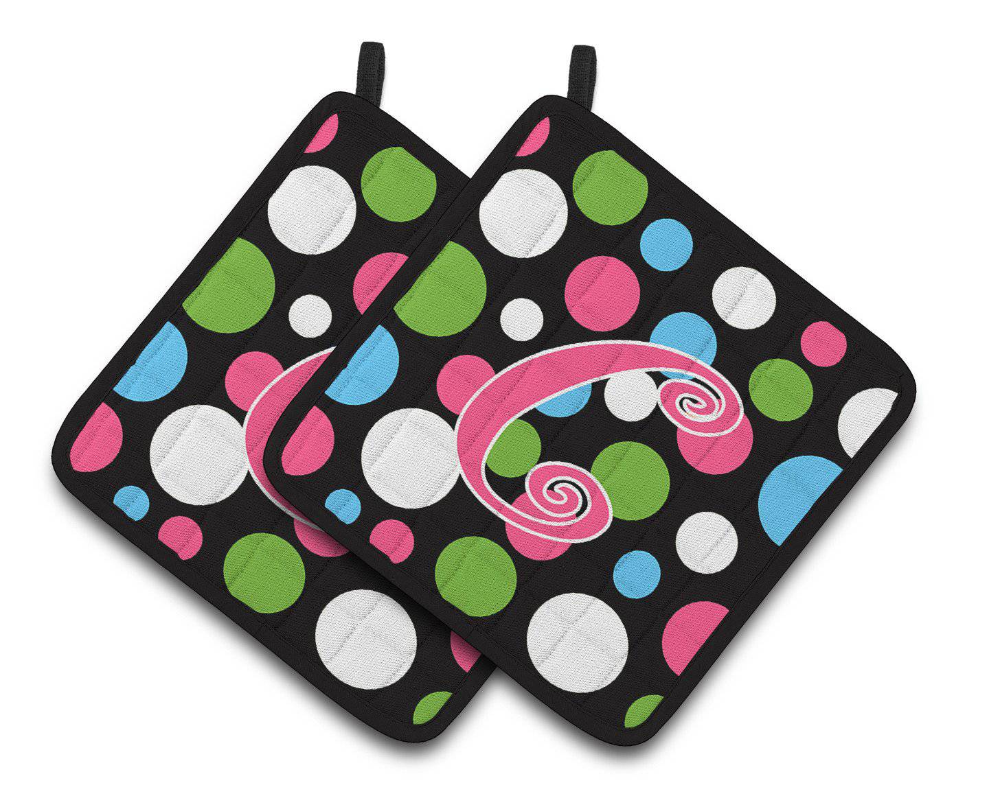 Monogram Initial C Polkadots and Pink  Pair of Pot Holders CJ1038-CPTHD - the-store.com