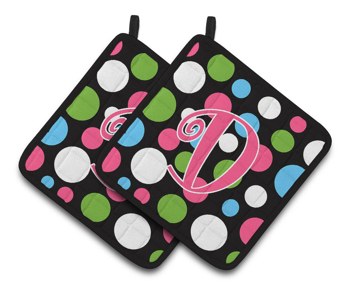 Monogram Initial D Polkadots and Pink  Pair of Pot Holders CJ1038-DPTHD - the-store.com