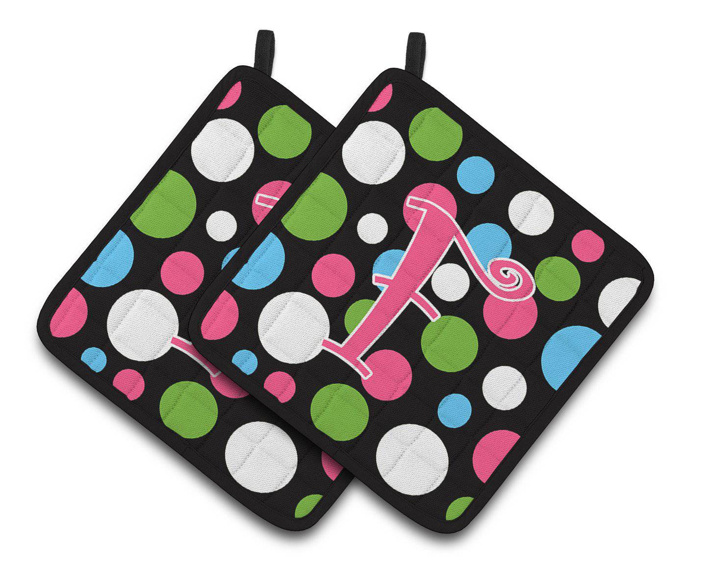Monogram Initial F Polkadots and Pink  Pair of Pot Holders CJ1038-FPTHD - the-store.com