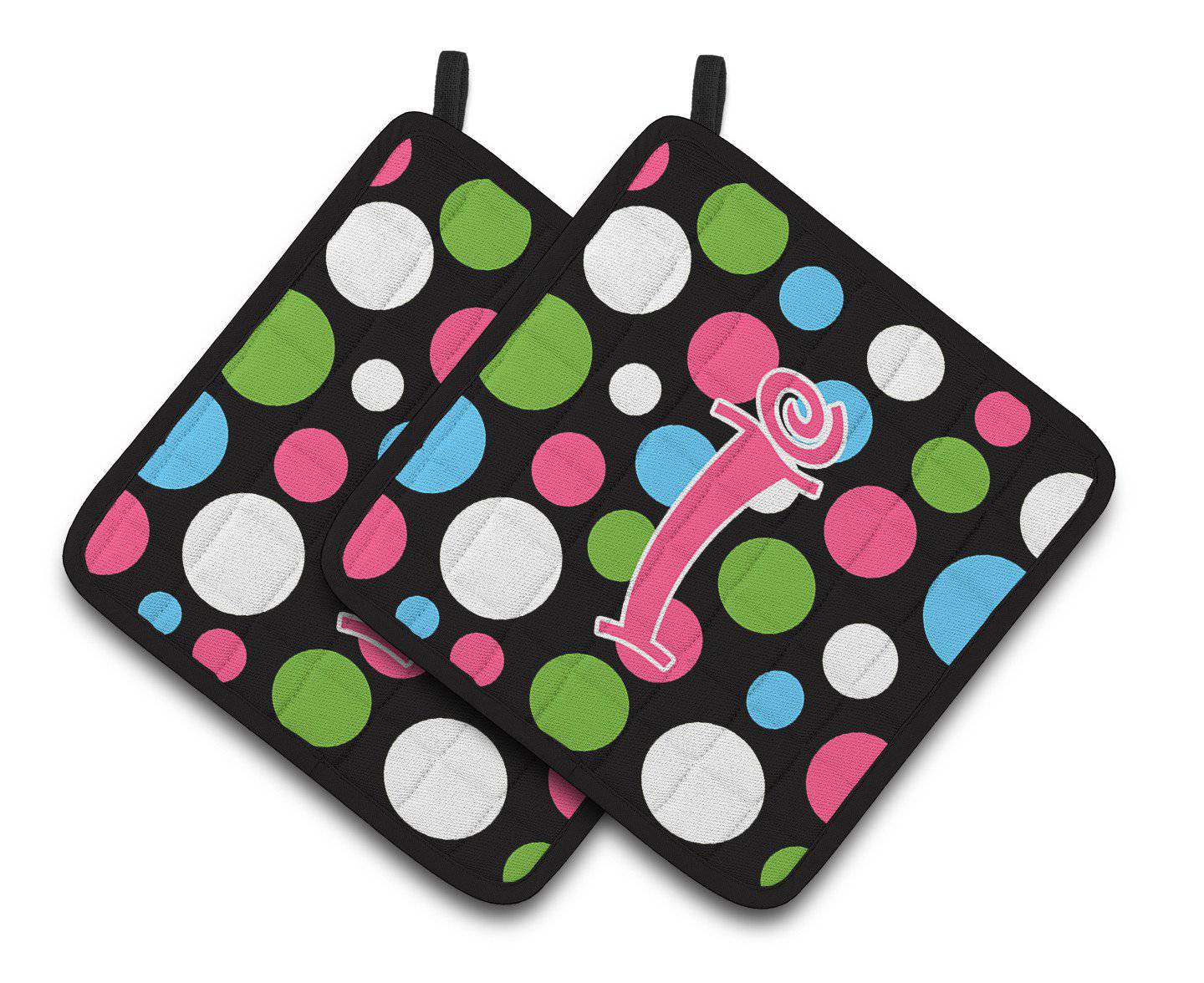 Monogram Initial I Polkadots and Pink  Pair of Pot Holders CJ1038-IPTHD - the-store.com