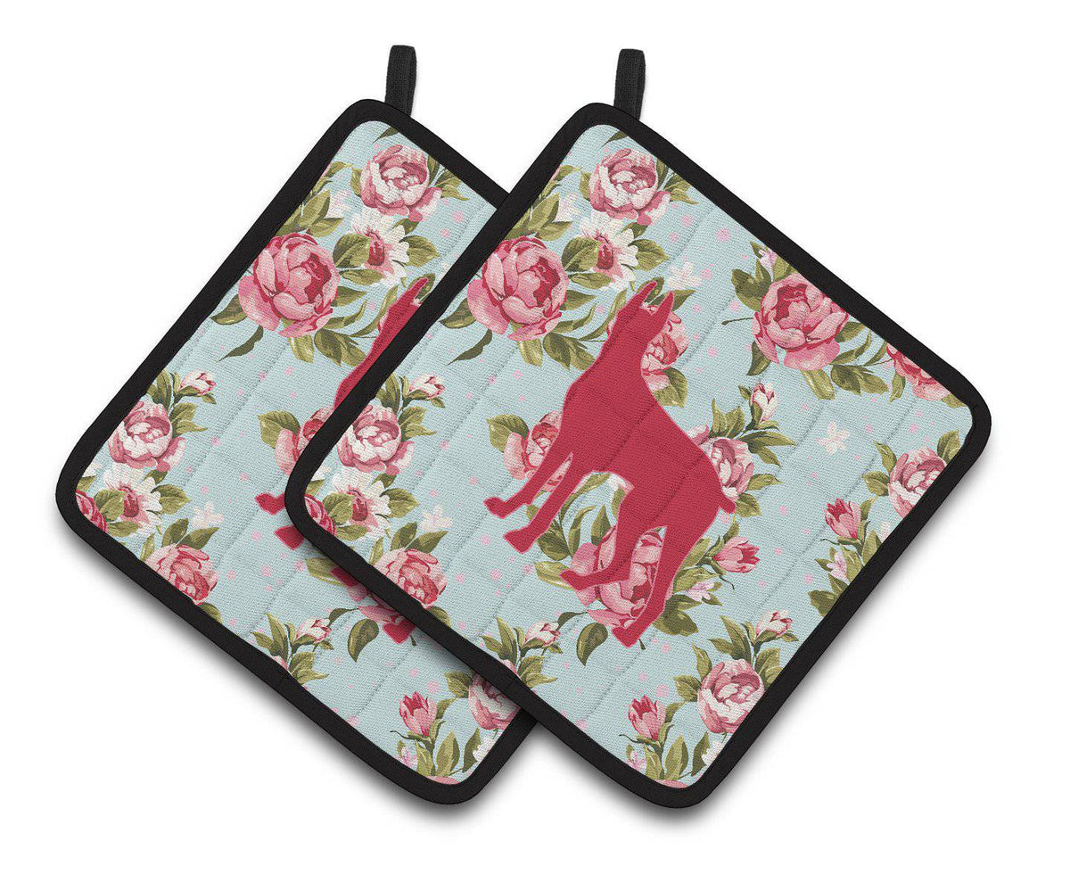 Great Dane Shabby Chic Blue Roses   Pair of Pot Holders BB1081-RS-BU-PTHD - the-store.com