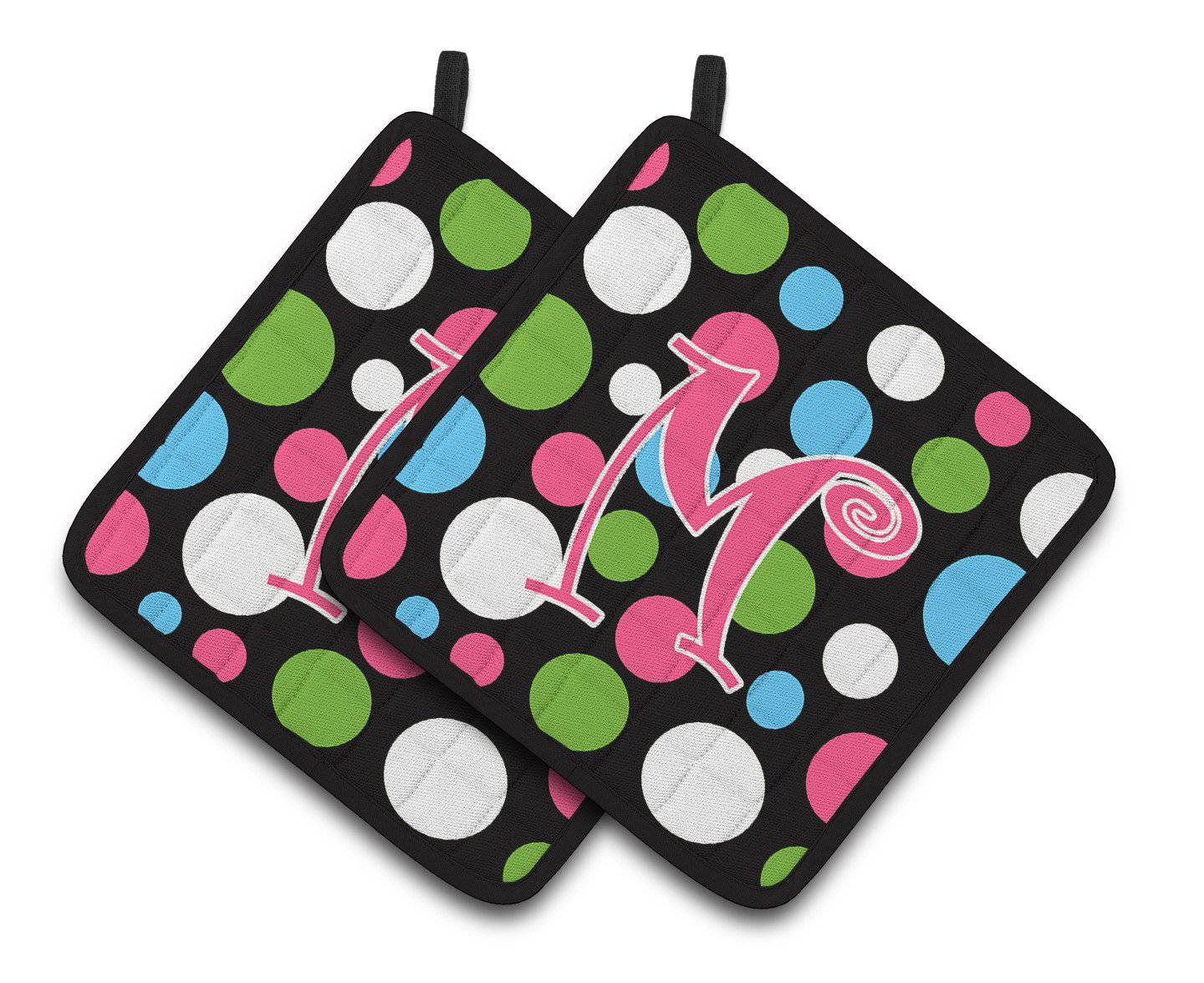 Monogram Initial M Polkadots and Pink  Pair of Pot Holders CJ1038-MPTHD - the-store.com