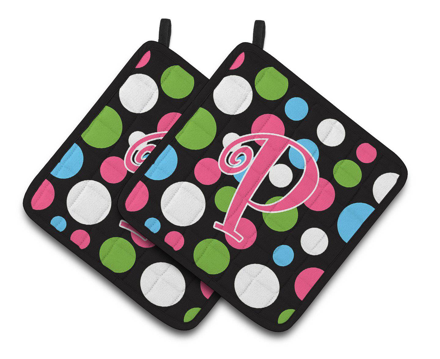 Monogram Initial P Polkadots and Pink  Pair of Pot Holders CJ1038-PPTHD - the-store.com