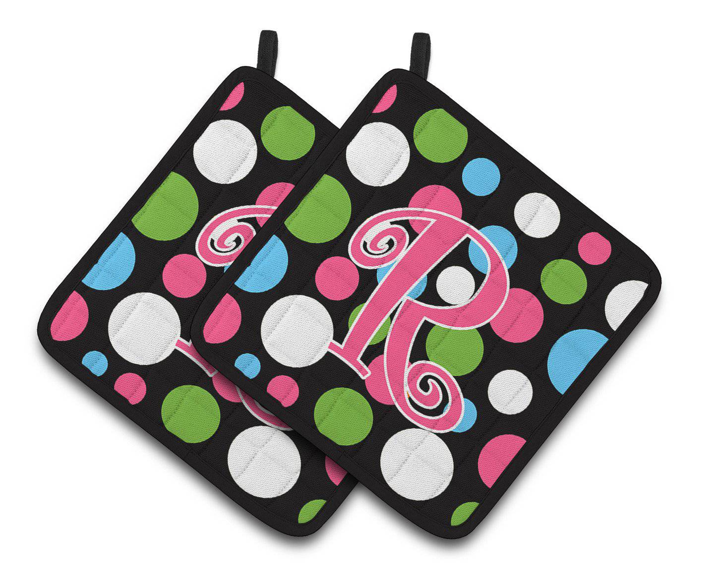 Monogram Initial R Polkadots and Pink  Pair of Pot Holders CJ1038-RPTHD - the-store.com