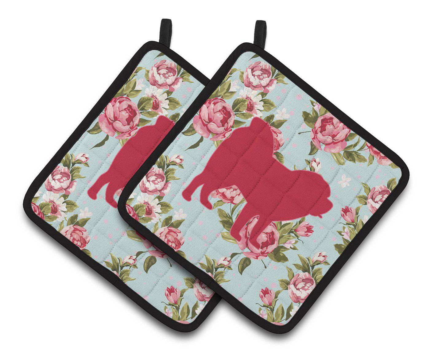 Chow Chow Shabby Chic Blue Roses   Pair of Pot Holders BB1106-RS-BU-PTHD - the-store.com
