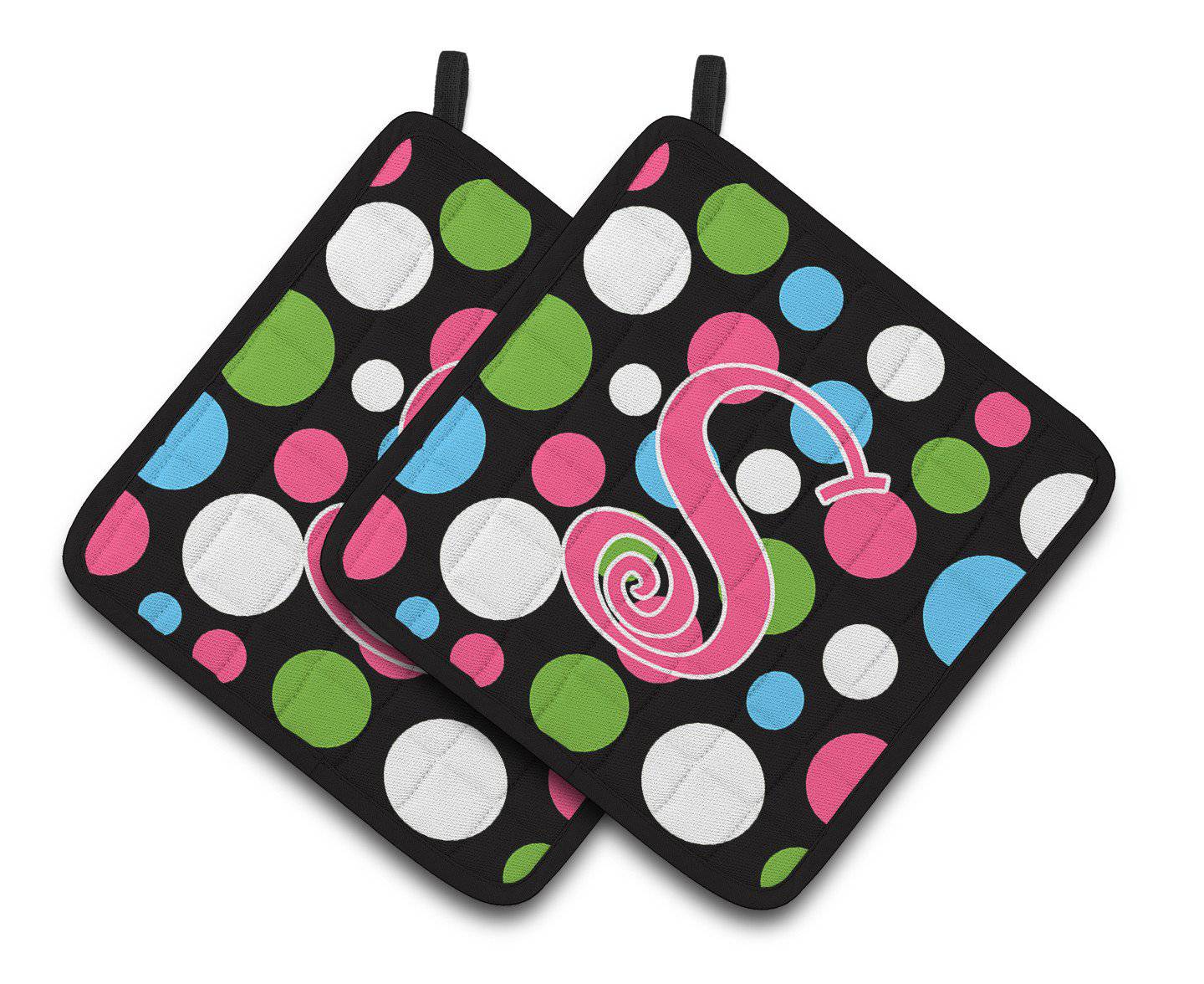 Monogram Initial S Polkadots and Pink  Pair of Pot Holders CJ1038-SPTHD - the-store.com