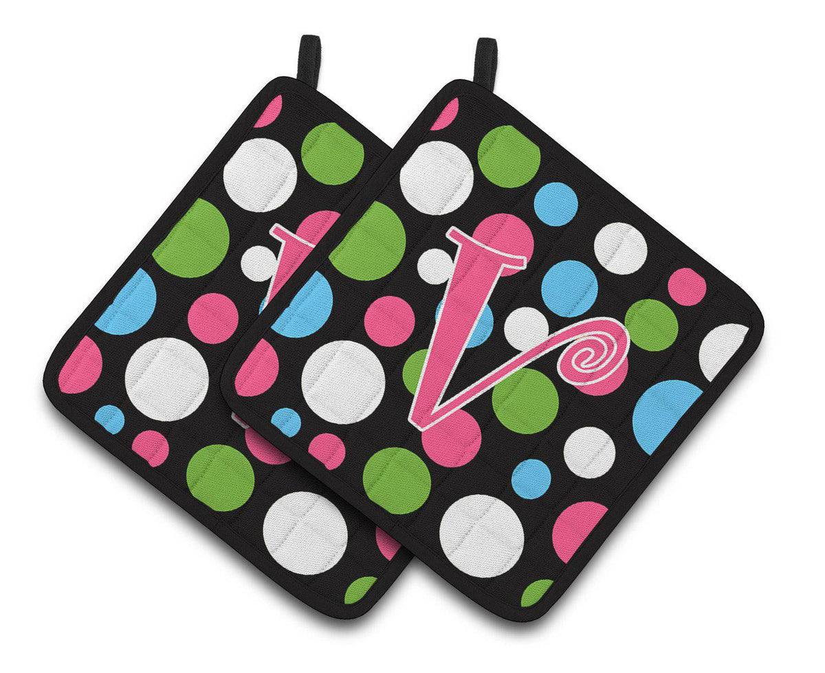 Monogram Initial V Polkadots and Pink  Pair of Pot Holders CJ1038-VPTHD - the-store.com