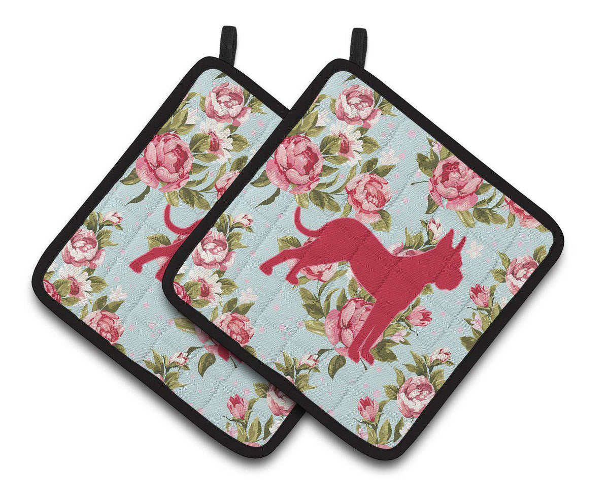 Boxer Shabby Chic Blue Roses   Pair of Pot Holders BB1109-RS-BU-PTHD - the-store.com